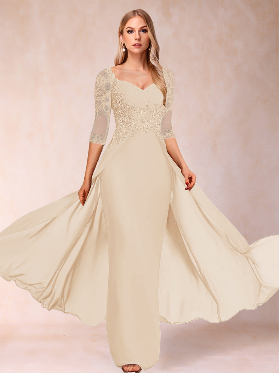 Etui-Linie/Säulenkleid mit V-Ausschnitt und halblangen Ärmeln, Kleider für die Brautmutter mit Applikationen