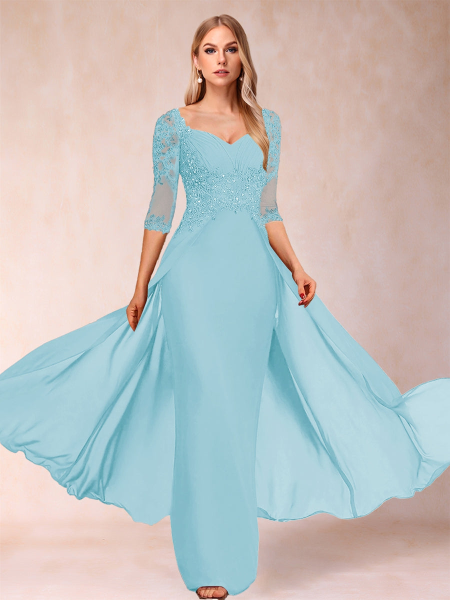 Etui-Linie/Säulenkleid mit V-Ausschnitt und halblangen Ärmeln, Kleider für die Brautmutter mit Applikationen