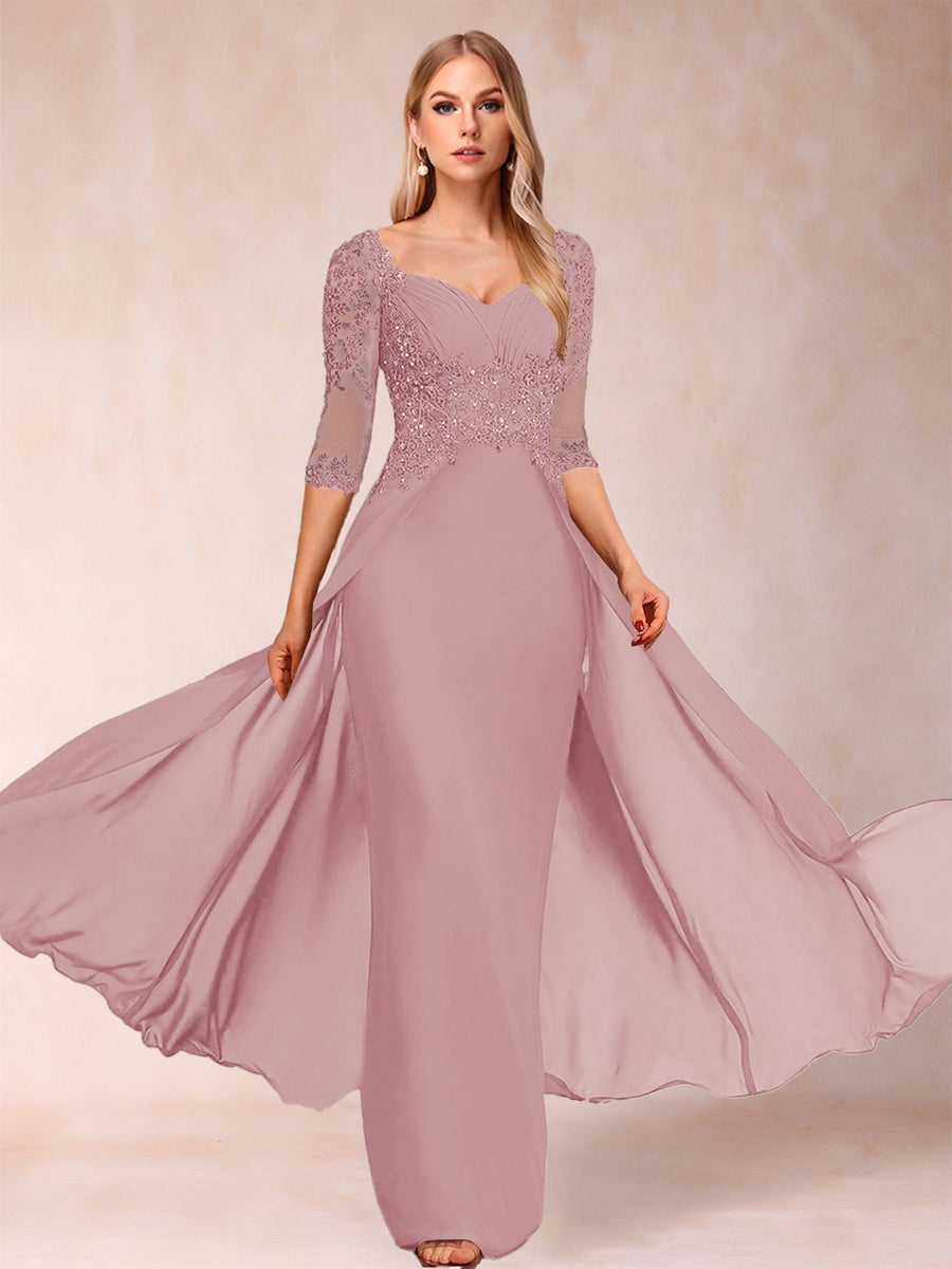 Etui-Linie/Säulenkleid mit V-Ausschnitt und halblangen Ärmeln, Kleider für die Brautmutter mit Applikationen