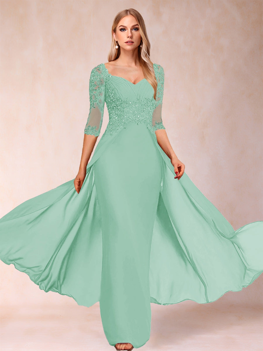 Etui-Linie/Säulenkleid mit V-Ausschnitt und halblangen Ärmeln, Kleider für die Brautmutter mit Applikationen