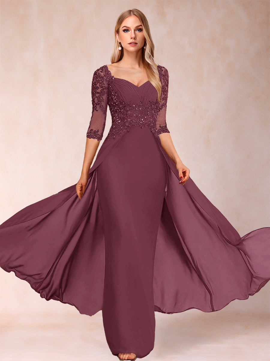 Etui-Linie/Säulenkleid mit V-Ausschnitt und halblangen Ärmeln, Kleider für die Brautmutter mit Applikationen