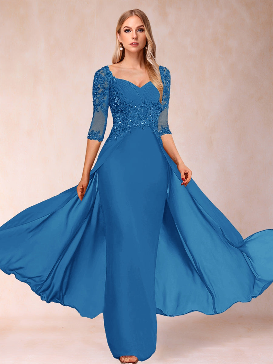 Etui-Linie/Säulenkleid mit V-Ausschnitt und halblangen Ärmeln, Kleider für die Brautmutter mit Applikationen