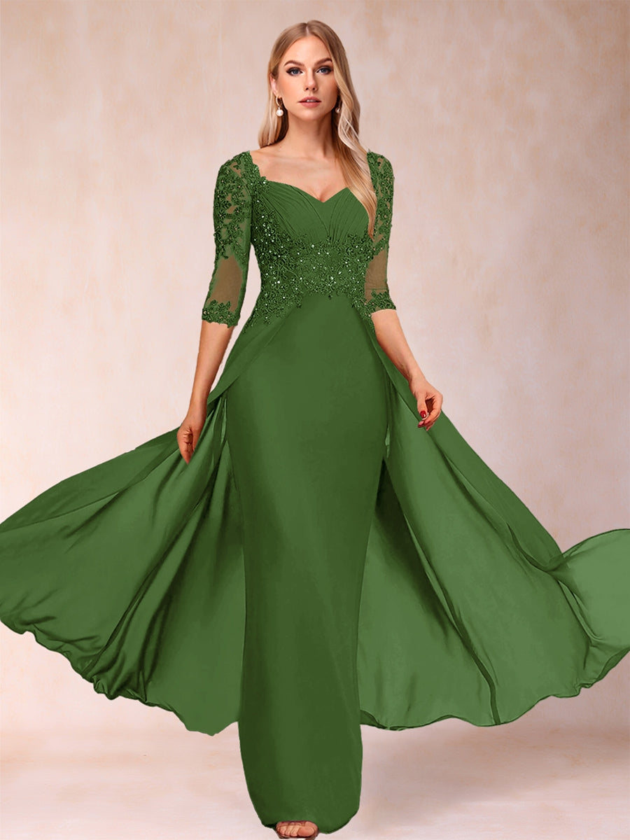 Etui-Linie/Säulenkleid mit V-Ausschnitt und halblangen Ärmeln, Kleider für die Brautmutter mit Applikationen