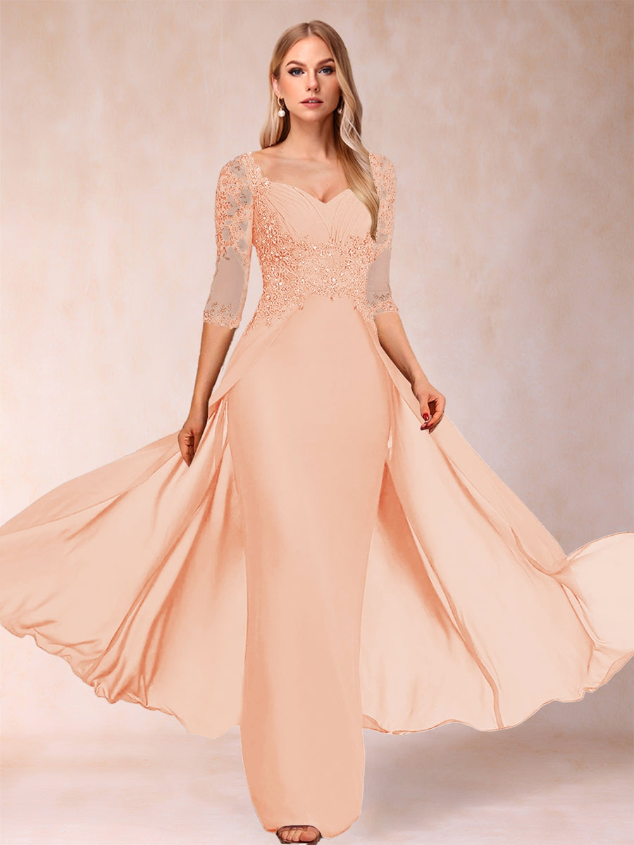 Etui-Linie/Säulenkleid mit V-Ausschnitt und halblangen Ärmeln, Kleider für die Brautmutter mit Applikationen