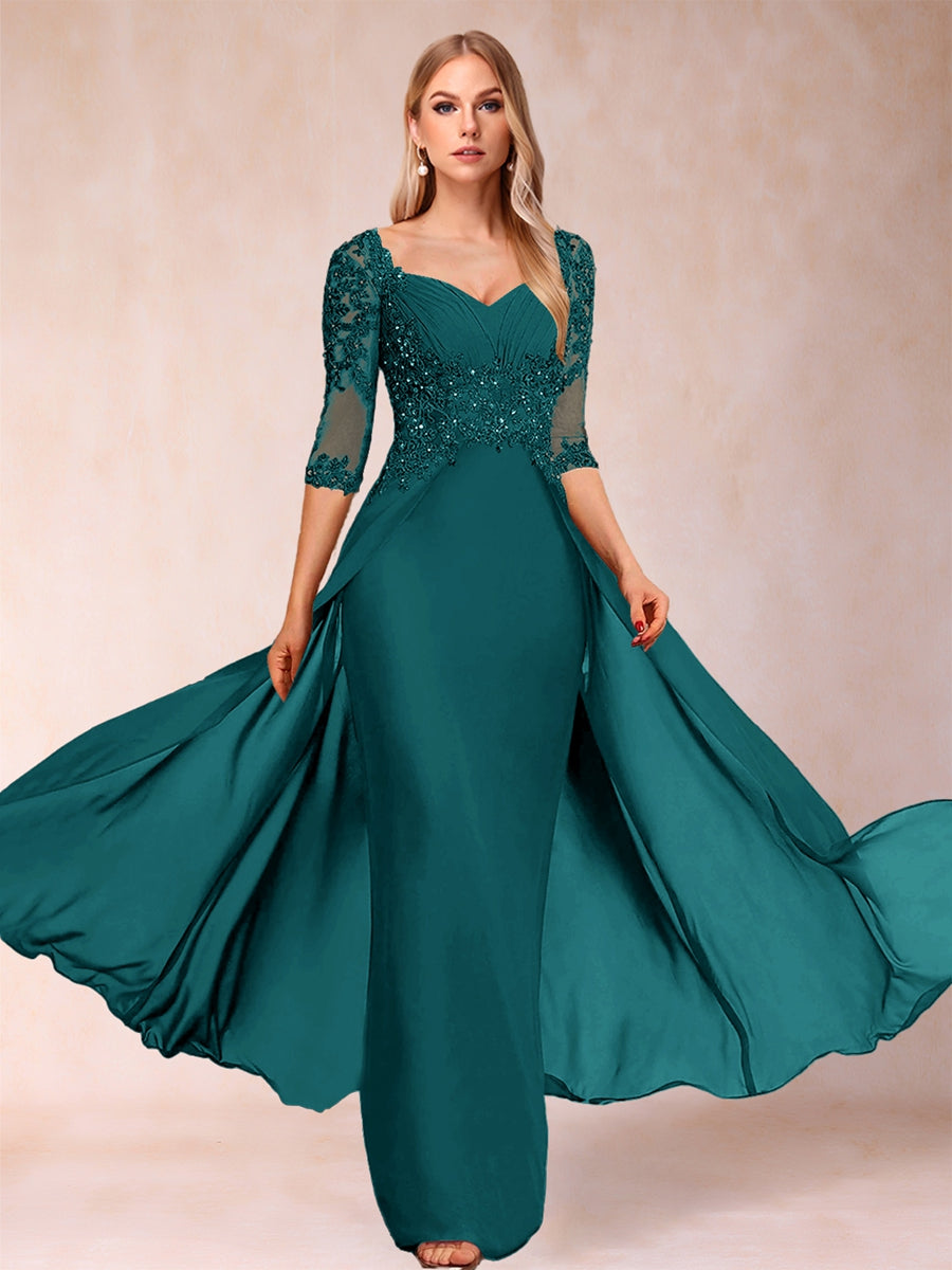 Etui-Linie/Säulenkleid mit V-Ausschnitt und halblangen Ärmeln, Kleider für die Brautmutter mit Applikationen