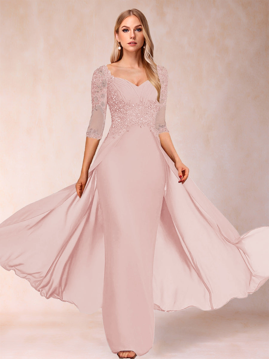 Etui-Linie/Säulenkleid mit V-Ausschnitt und halblangen Ärmeln, Kleider für die Brautmutter mit Applikationen