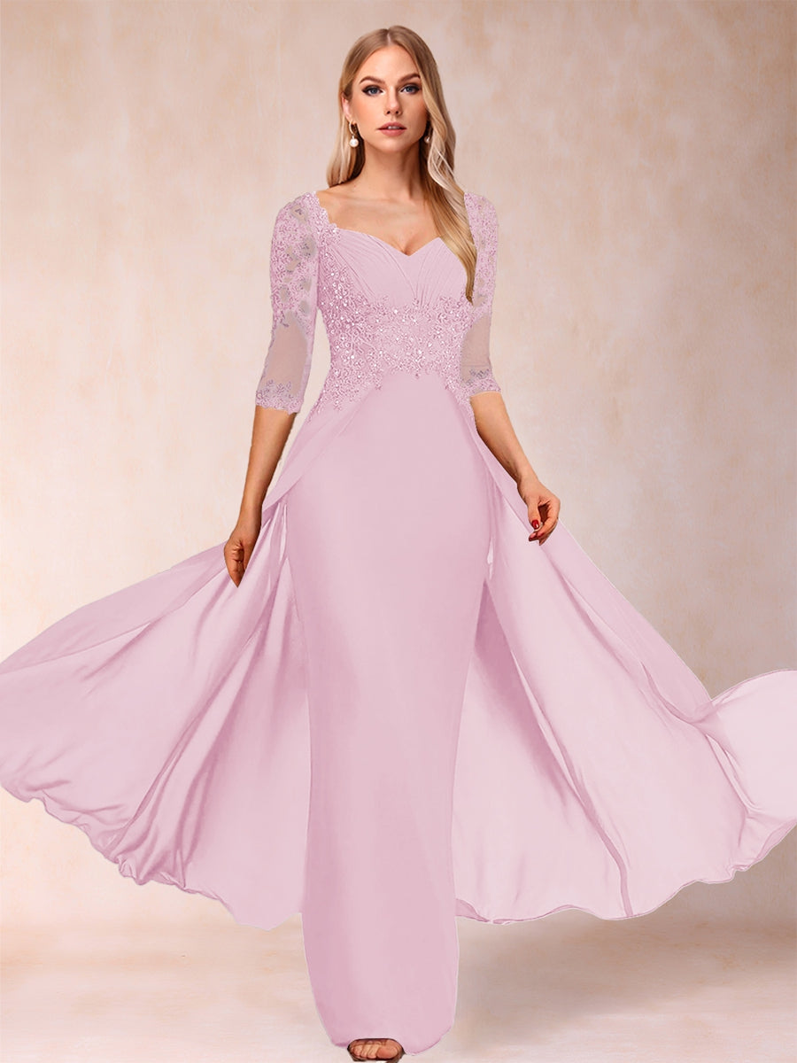 Etui-Linie/Säulenkleid mit V-Ausschnitt und halblangen Ärmeln, Kleider für die Brautmutter mit Applikationen