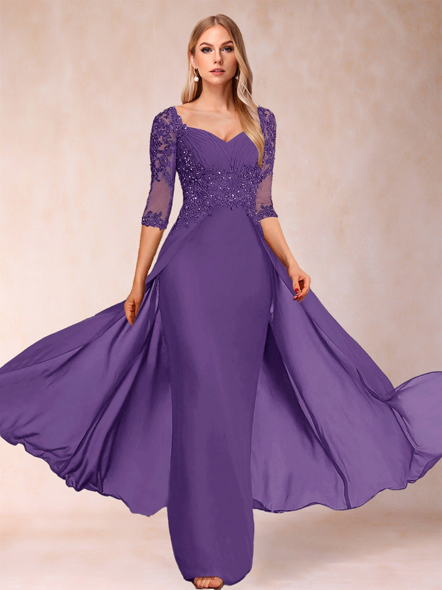 Etui-Linie/Säulenkleid mit V-Ausschnitt und halblangen Ärmeln, Kleider für die Brautmutter mit Applikationen