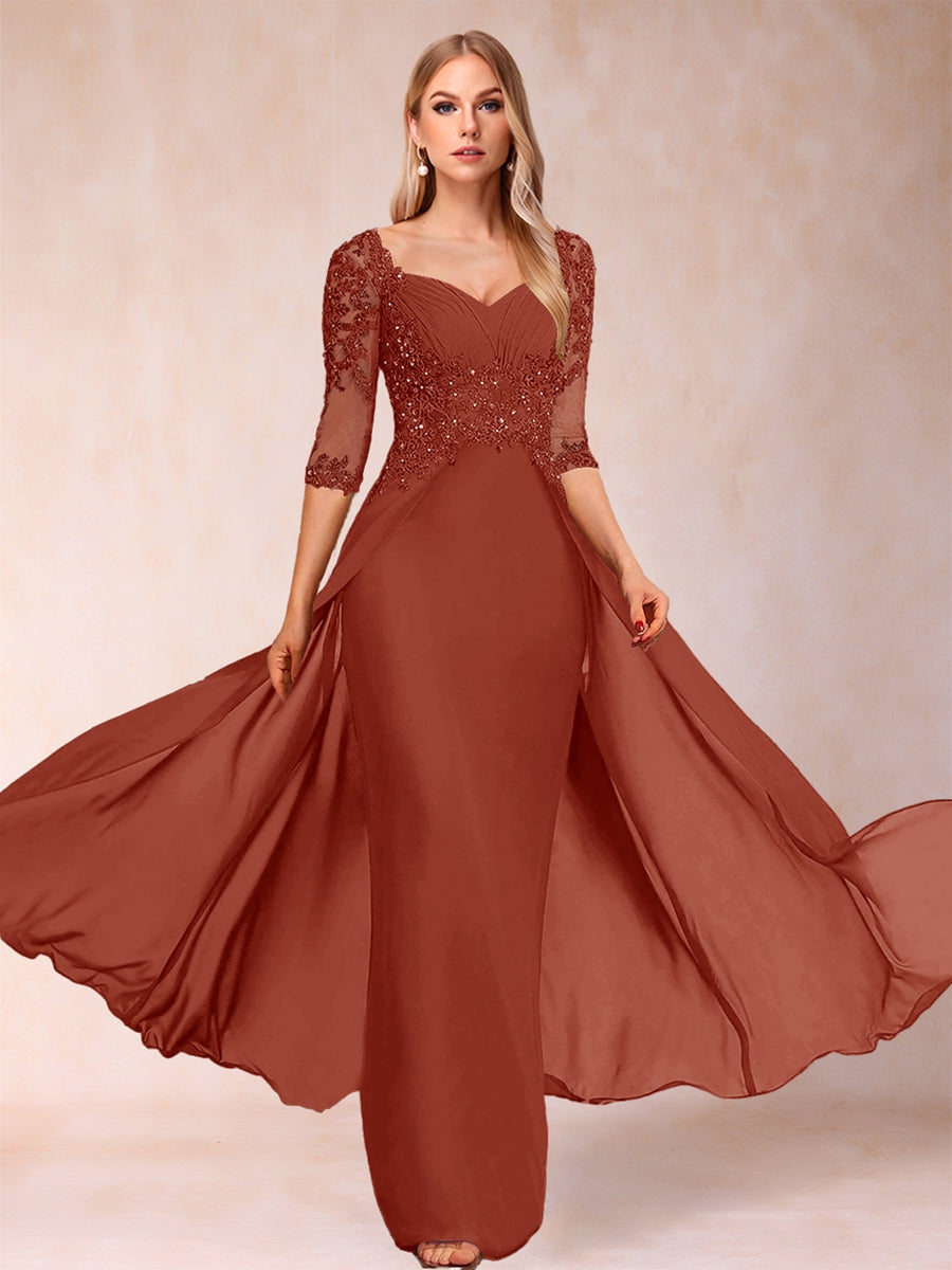 Etui-Linie/Säulenkleid mit V-Ausschnitt und halblangen Ärmeln, Kleider für die Brautmutter mit Applikationen