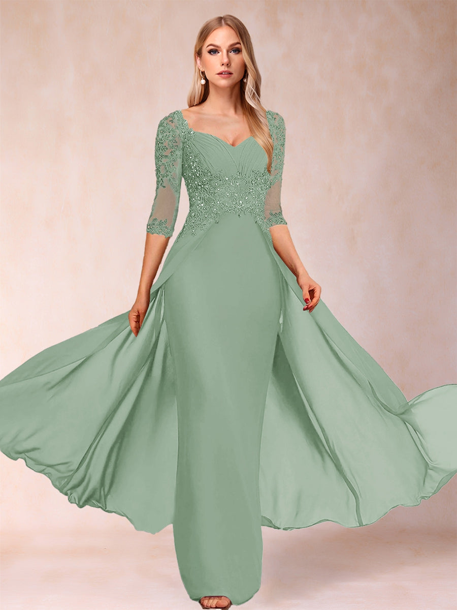 Etui-Linie/Säulenkleid mit V-Ausschnitt und halblangen Ärmeln, Kleider für die Brautmutter mit Applikationen