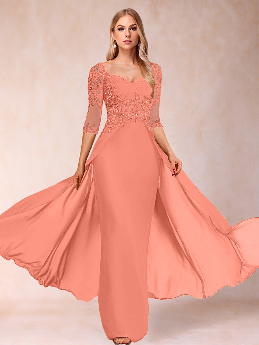 Etui-Linie/Säulenkleid mit V-Ausschnitt und halblangen Ärmeln, Kleider für die Brautmutter mit Applikationen