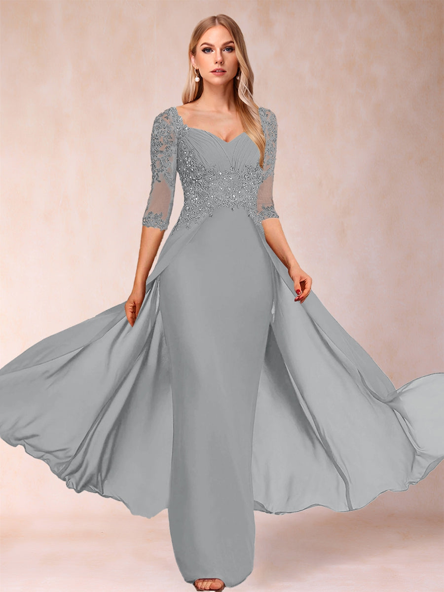 Etui-Linie/Säulenkleid mit V-Ausschnitt und halblangen Ärmeln, Kleider für die Brautmutter mit Applikationen