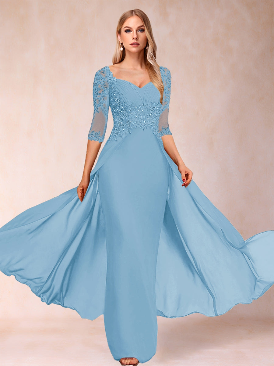 Etui-Linie/Säulenkleid mit V-Ausschnitt und halblangen Ärmeln, Kleider für die Brautmutter mit Applikationen