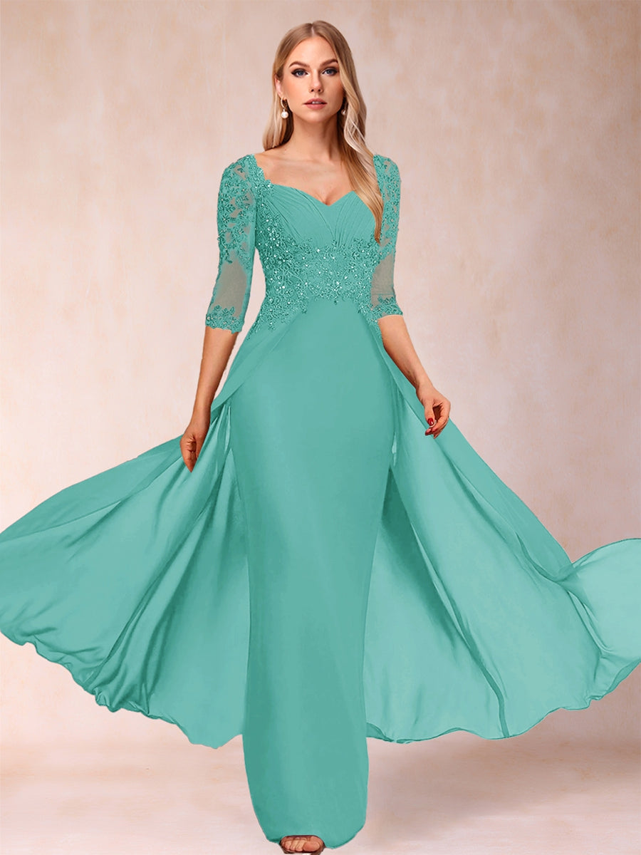 Etui-Linie/Säulenkleid mit V-Ausschnitt und halblangen Ärmeln, Kleider für die Brautmutter mit Applikationen