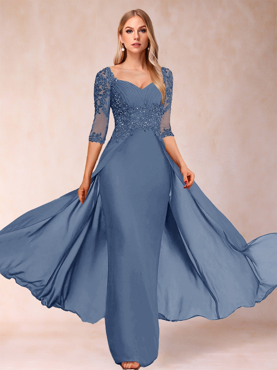 Etui-Linie/Säulenkleid mit V-Ausschnitt und halblangen Ärmeln, Kleider für die Brautmutter mit Applikationen