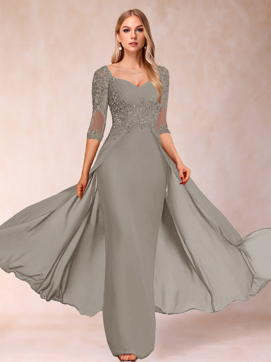 Etui-Linie/Säulenkleid mit V-Ausschnitt und halblangen Ärmeln, Kleider für die Brautmutter mit Applikationen