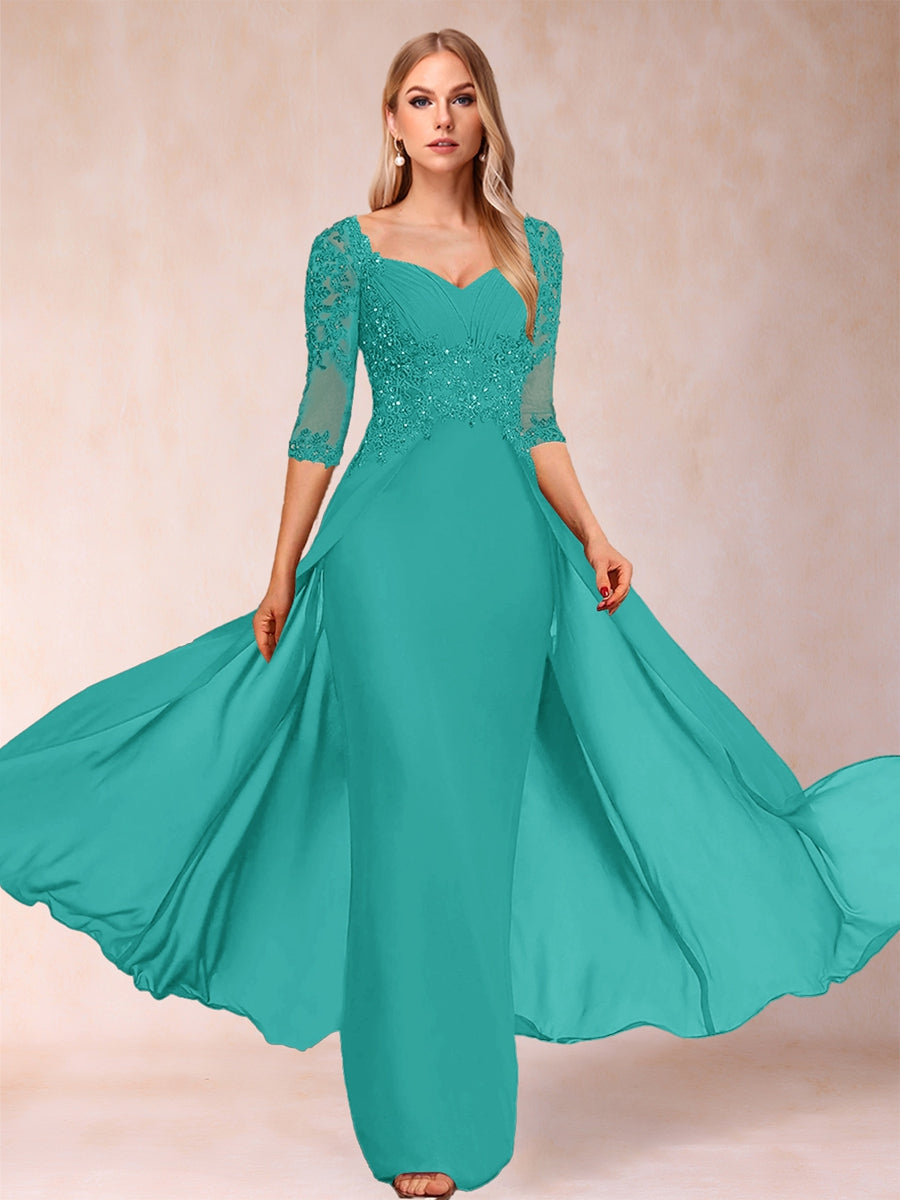 Etui-Linie/Säulenkleid mit V-Ausschnitt und halblangen Ärmeln, Kleider für die Brautmutter mit Applikationen