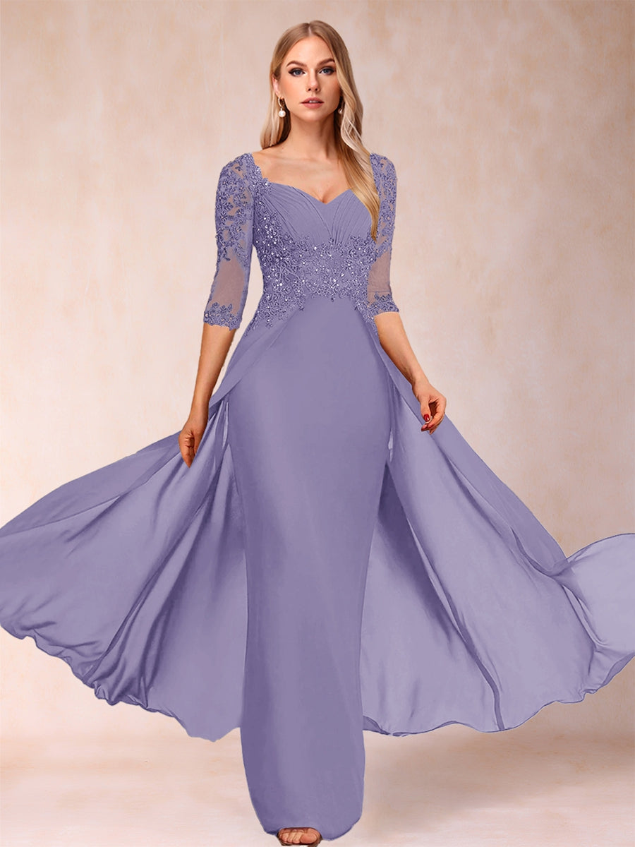 Etui-Linie/Säulenkleid mit V-Ausschnitt und halblangen Ärmeln, Kleider für die Brautmutter mit Applikationen