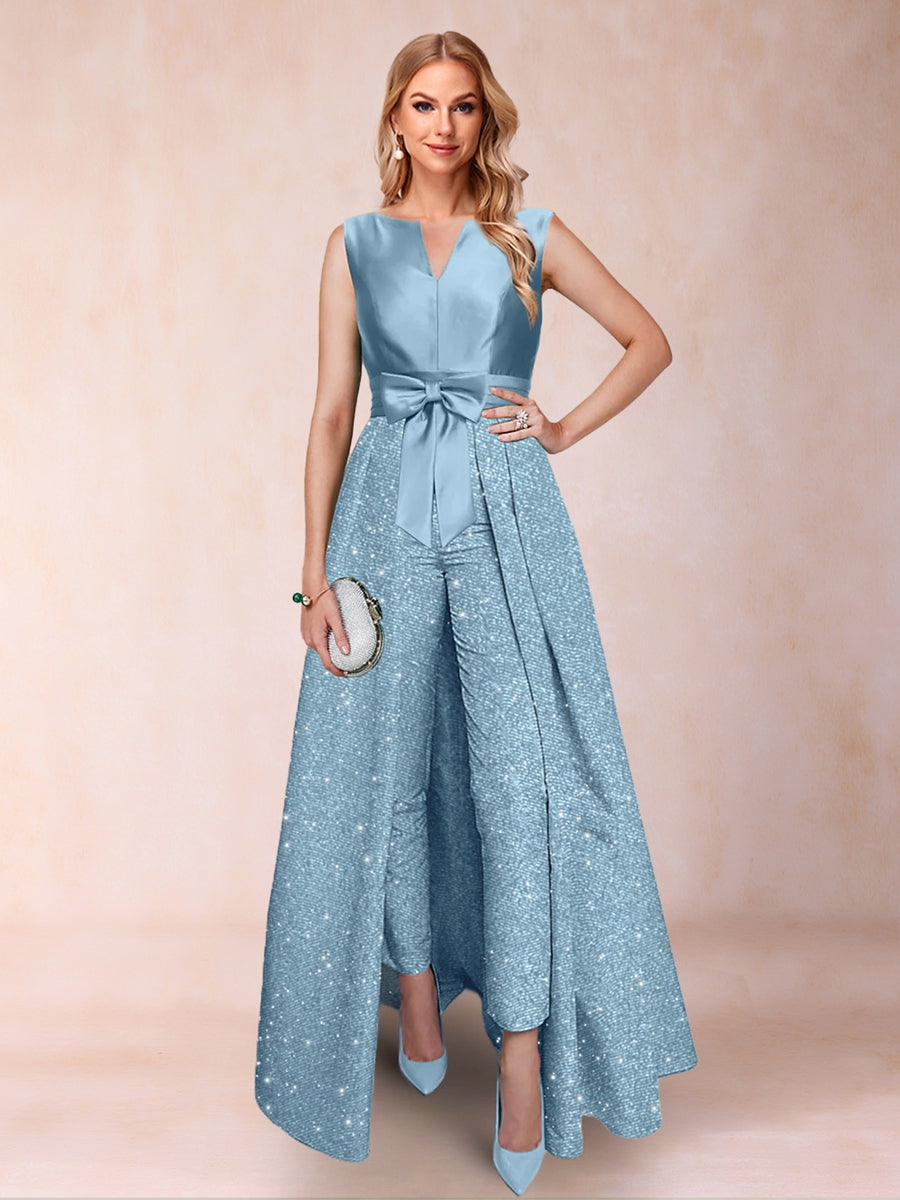 A-Linie/Princess-Linie V-Ausschnitt 3/4-Ärmel 3-teiliger Hosenanzug mit Schleife