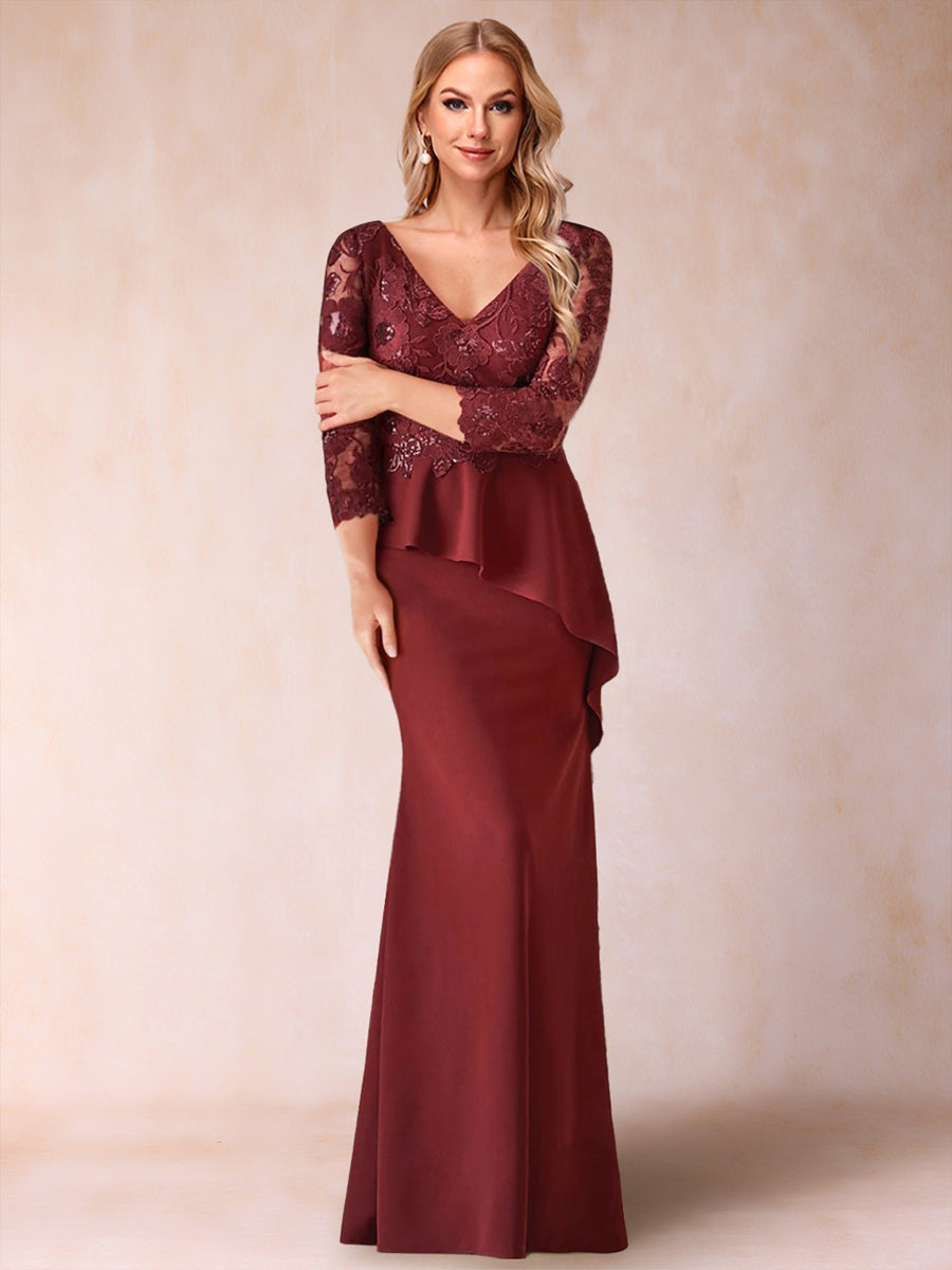 Trompete/Meerjungfrau V-Ausschnitt 3/4 Ärmel Kleider für die Brautmutter mit Applikation