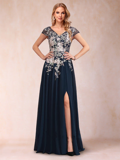 A-Linie/Princess-Linie V-Ausschnitt Kurze Ärmel Kleider für die Brautmutter mit Applikationen