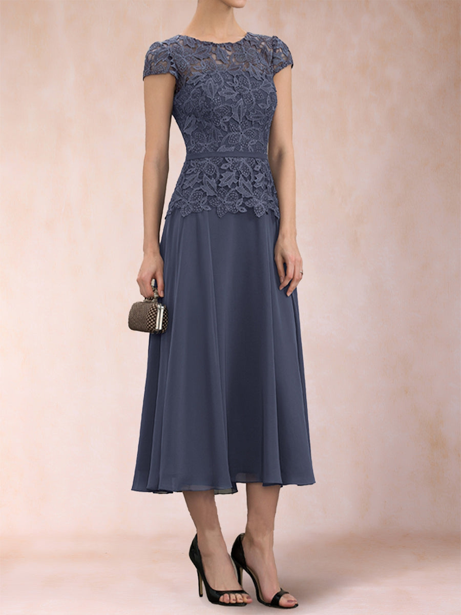 A-Linie/Princess-Linie Chiffon U-Ausschnitt Kurze Ärmel Kleider für die Brautmutter mit Applikationen