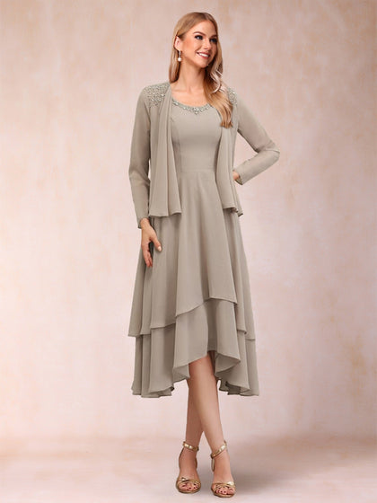 A-Linie/Princess-Linie, U-Ausschnitt, lange Ärmel, 2-teilig mit Pailletten und Jacke