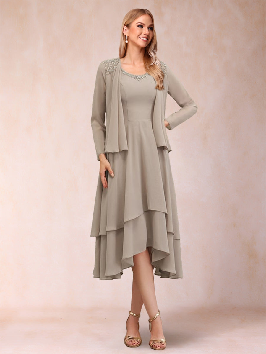 A-Linie/Princess-Linie, U-Ausschnitt, lange Ärmel, 2-teilig mit Pailletten und Jacke