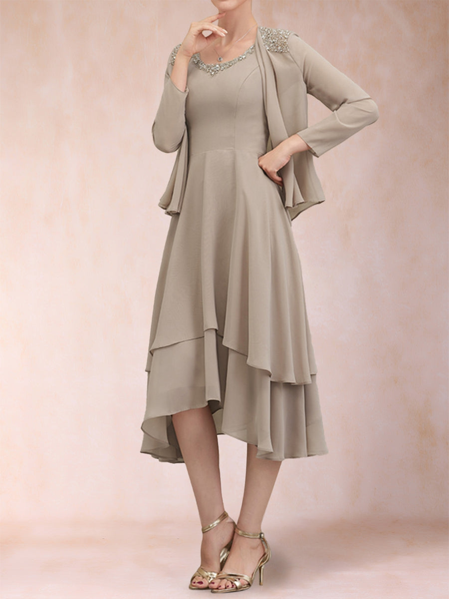 A-Linie/Princess-Linie, U-Ausschnitt, lange Ärmel, 2-teilig mit Pailletten und Jacke