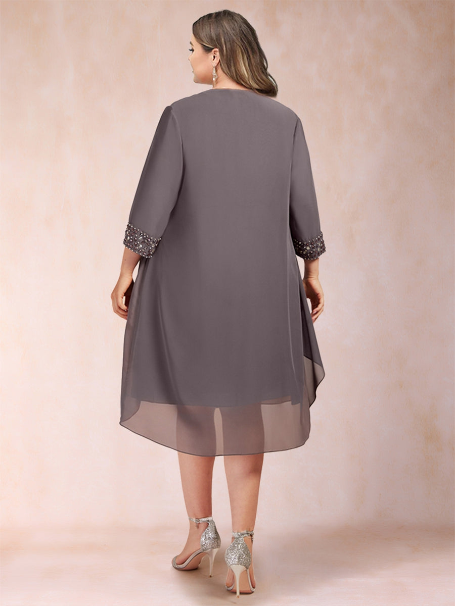 Etui-Linie/Säulen-Linie, U-Ausschnitt, 3/4-Ärmel, 2-teilig, Übergröße, Kleider für die Brautmutter mit Strasssteinen und Jacke
