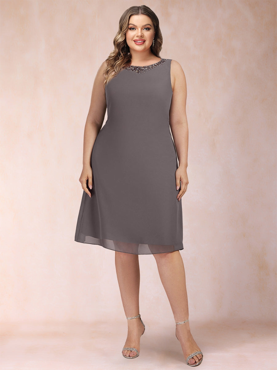 Etui-Linie/Säulen-Linie, U-Ausschnitt, 3/4-Ärmel, 2-teilig, Übergröße, Kleider für die Brautmutter mit Strasssteinen und Jacke