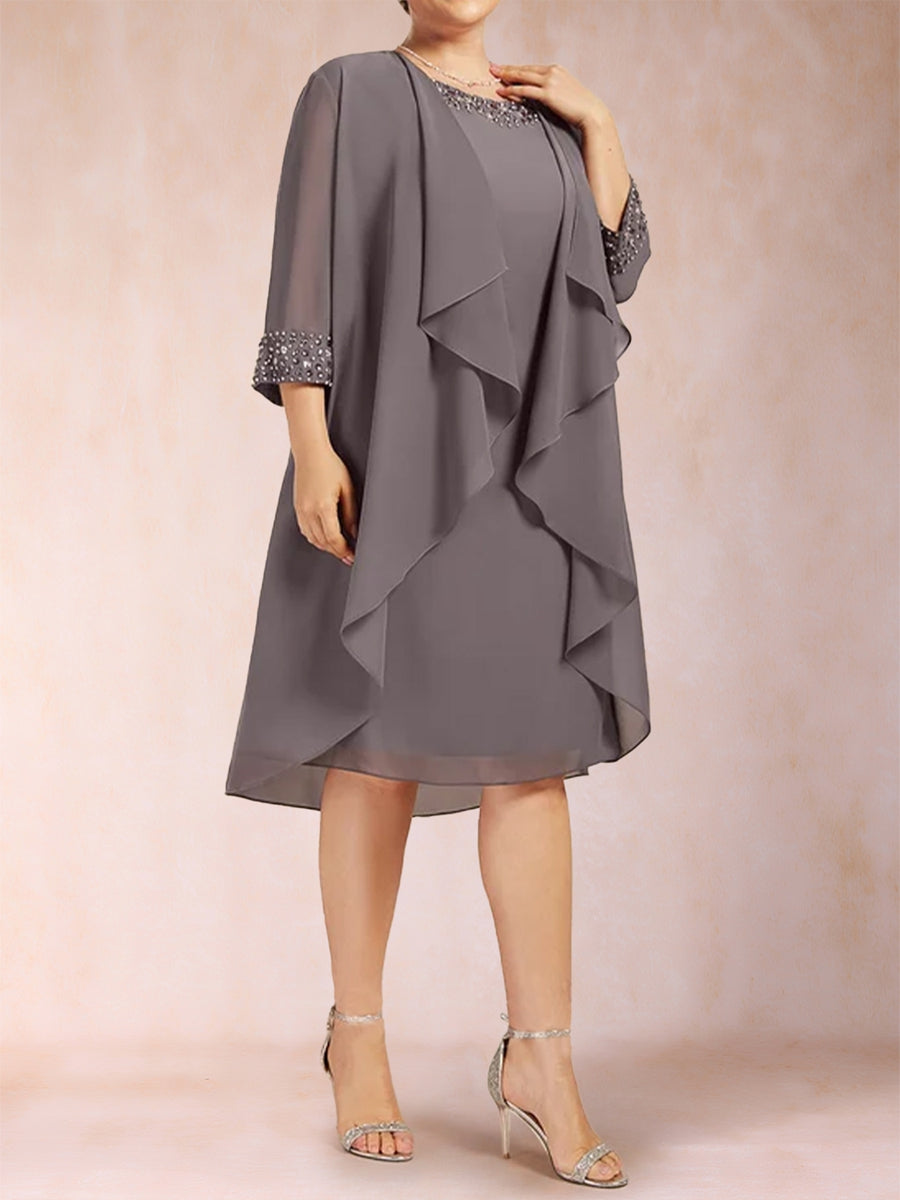 Etui-Linie/Säulen-Linie, U-Ausschnitt, 3/4-Ärmel, 2-teilig, Übergröße, Kleider für die Brautmutter mit Strasssteinen und Jacke