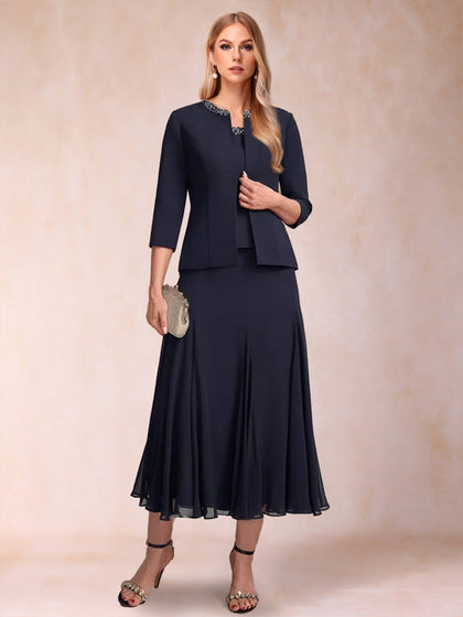 A-Linie/Princess-Linie U-Ausschnitt 3/4 Ärmel 2-teilig Kleider für die Brautmutter mit Pailletten