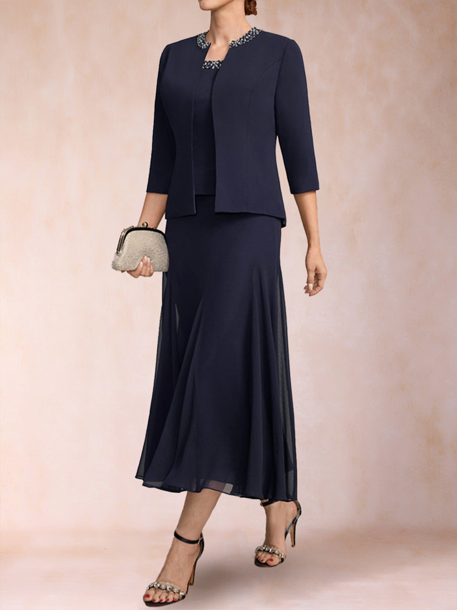 A-Linie/Princess-Linie U-Ausschnitt 3/4 Ärmel 2-teilig Kleider für die Brautmutter mit Pailletten