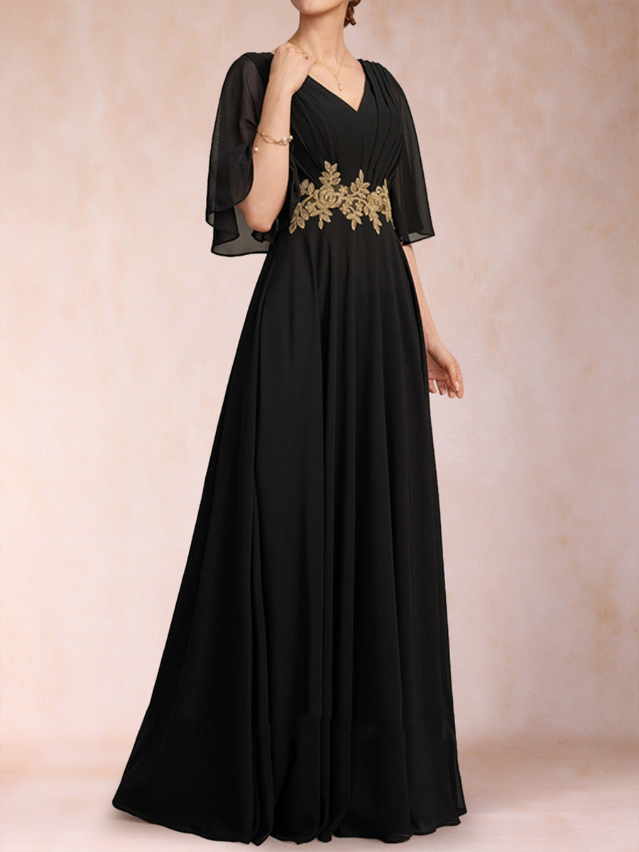 A-Linie/Princess-Linie V-Ausschnitt Halbarm Kleider für die Brautmutter mit Schärpe