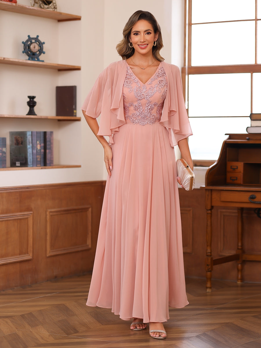 A-Linie/Princess-Linie V-Ausschnitt Applikationen Chiffon Kleider für die Brautmutter mit Jacke