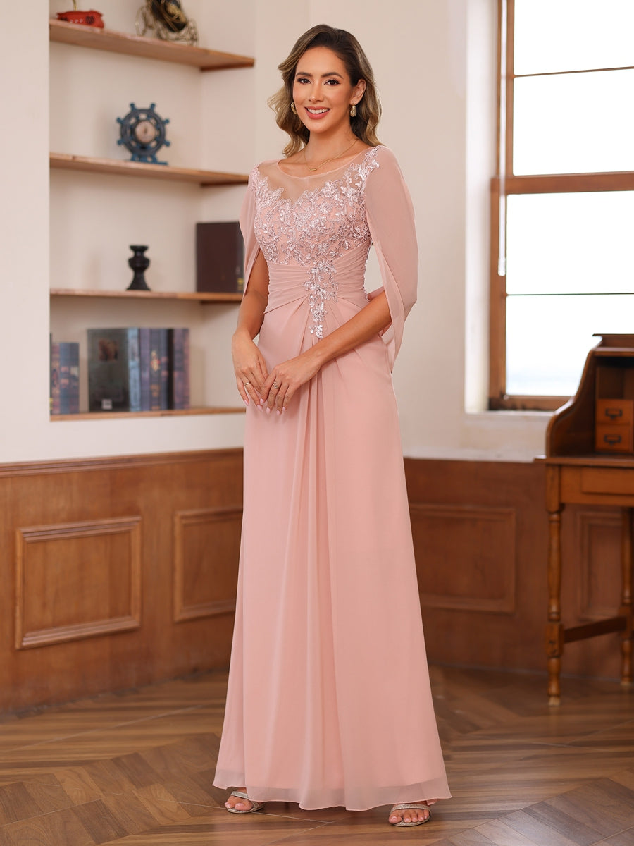 A-Linie/Princess-Linie Illusion Scoop Applikationen Geraffte Kleider für die Brautmutter mit Cape