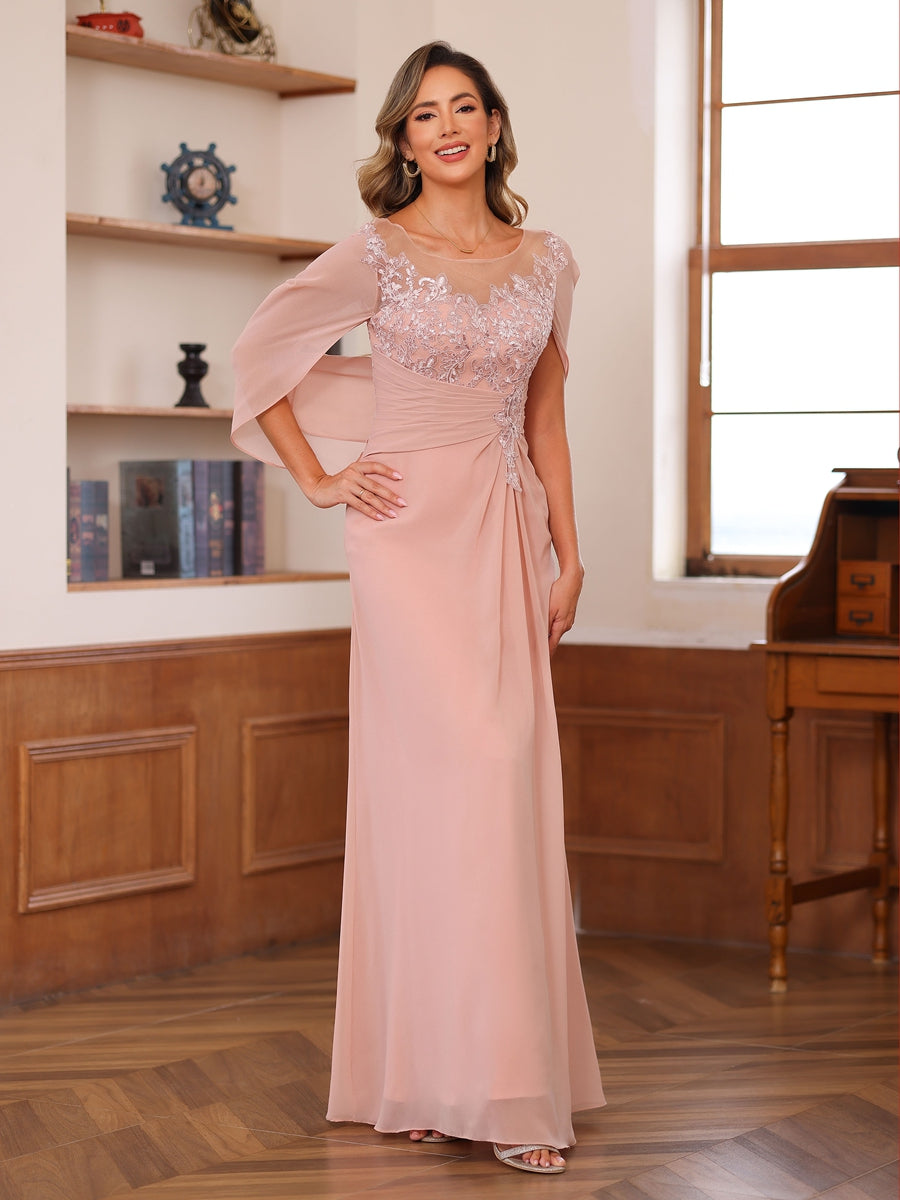 A-Linie/Princess-Linie Illusion Scoop Applikationen Geraffte Kleider für die Brautmutter mit Cape