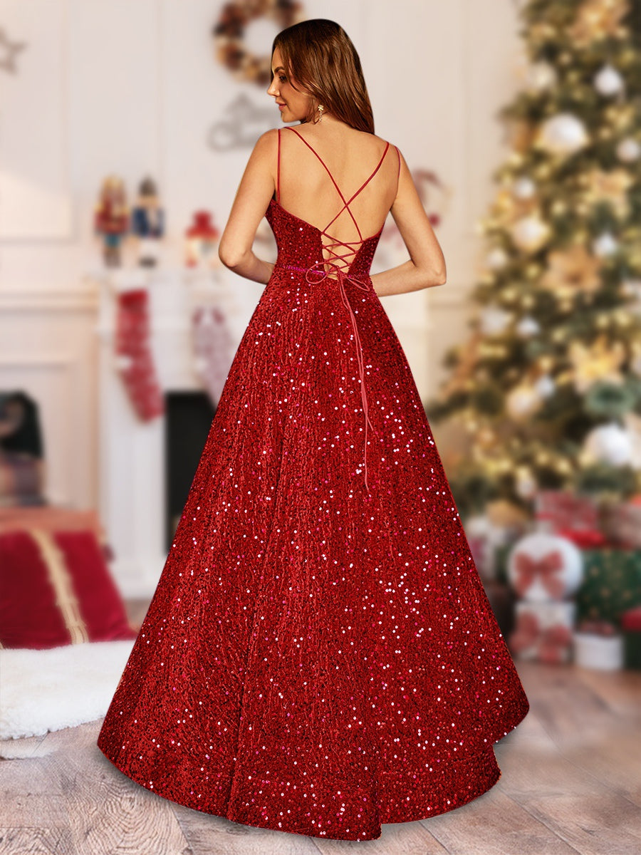 A-Linie/Princess-Linie V-Ausschnitt Lang Weihnachtskleider mit Gürtel