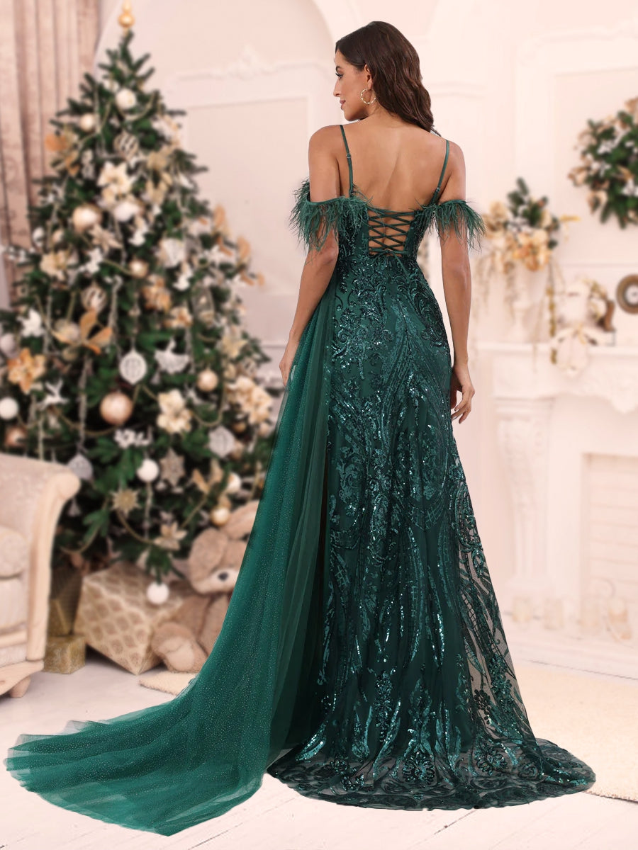 A-Linie/Princess-Linie Spaghettiträger Lange Weihnachtskleider mit Federn und Pailletten