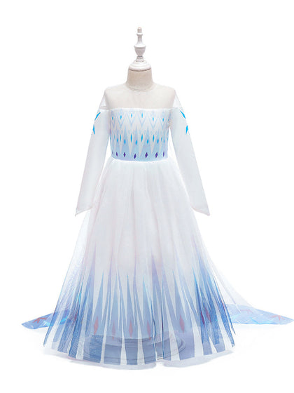 A-Linie/Princess-Linie, U-Ausschnitt, lange Ärmel, Blumenmädchenkleider mit aufgedruckten Blumen und Watteau-Schleppe