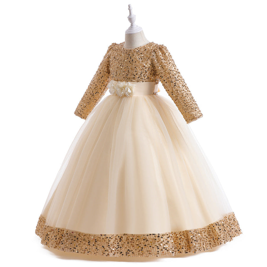 Ballkleid U-Ausschnitt Lange Ärmel Pailletten Weihnachtskleider für Mädchen