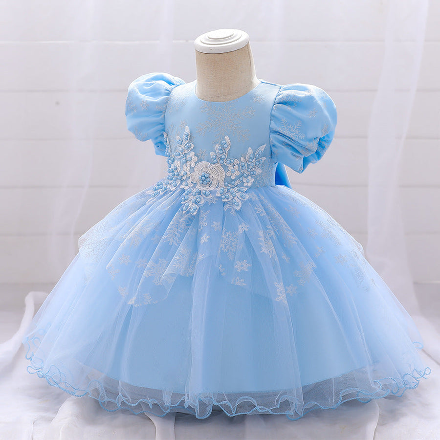 Ballkleid U-Ausschnitt Kurze Ärmel Wadenlang Perlenbesetzte Weihnachtskleider für Mädchen