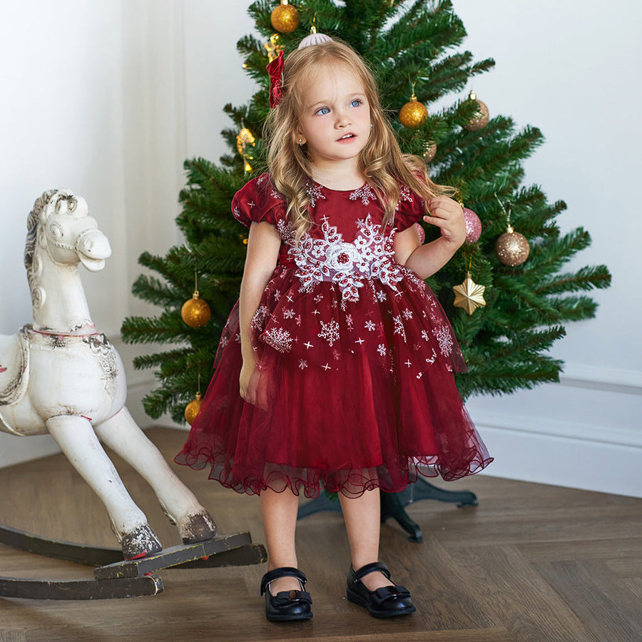Ballkleid U-Ausschnitt Kurze Ärmel Wadenlang Perlenbesetzte Weihnachtskleider für Mädchen