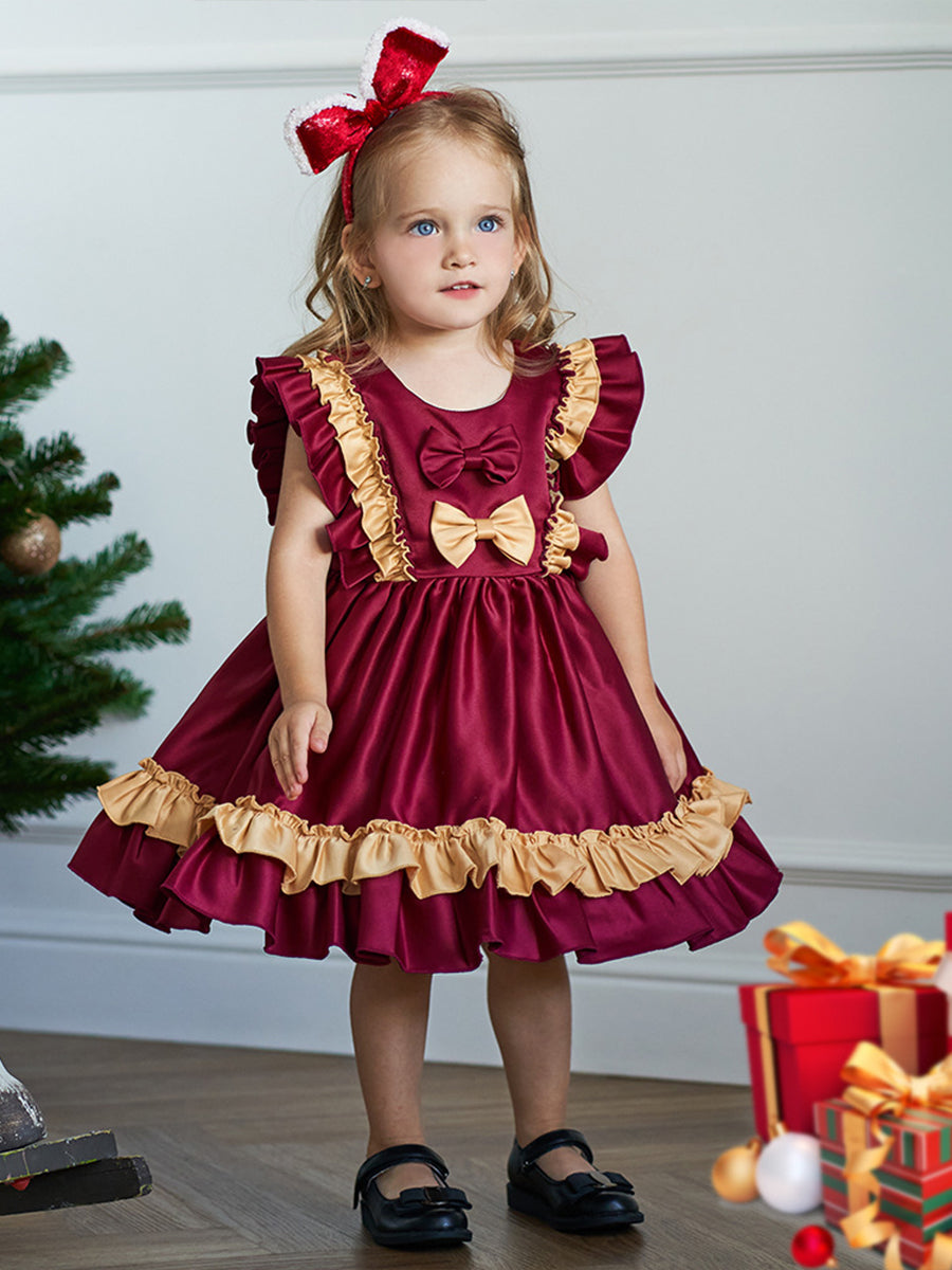 Ballkleid mit U-Ausschnitt, ärmellos, gerüscht, Satin, Weihnachtskleider für Mädchen