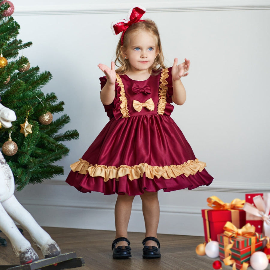 Ballkleid mit U-Ausschnitt, ärmellos, gerüscht, Satin, Weihnachtskleider für Mädchen