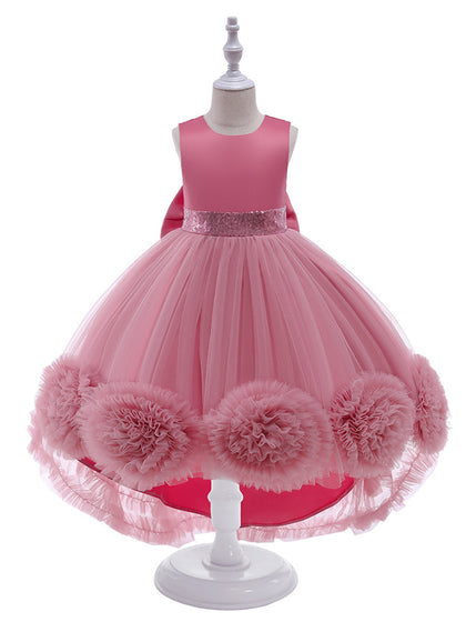 Ballkleid U-Ausschnitt Hi-Low Rüschen Blumenmädchenkleider mit Schleife