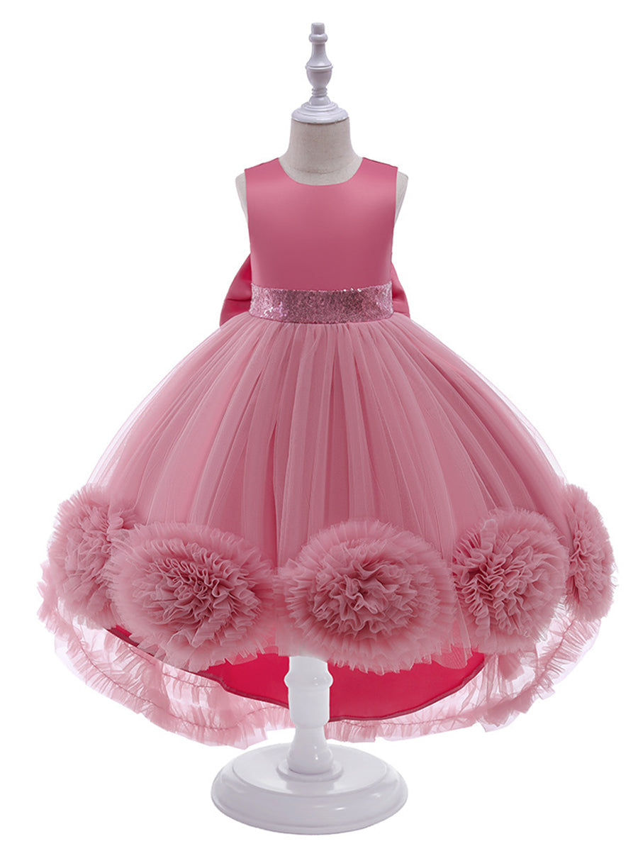 Ballkleid U-Ausschnitt Hi-Low Rüschen Blumenmädchenkleider mit Schleife