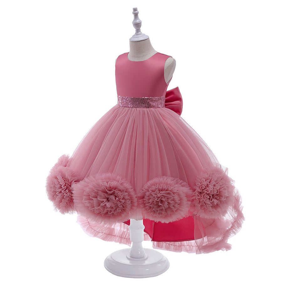 Ballkleid U-Ausschnitt Hi-Low Rüschen Blumenmädchenkleider mit Schleife