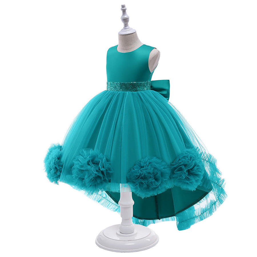 Ballkleid U-Ausschnitt Hi-Low Rüschen Blumenmädchenkleider mit Schleife
